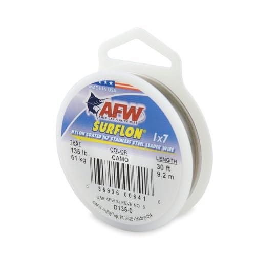 AFW American Fishing Wire Surflon, Nylon Coated 1x7 Stainless Steel Leader Wire, 135 lb Test, .041" Diameter, Camo, 30 ft - Image 1