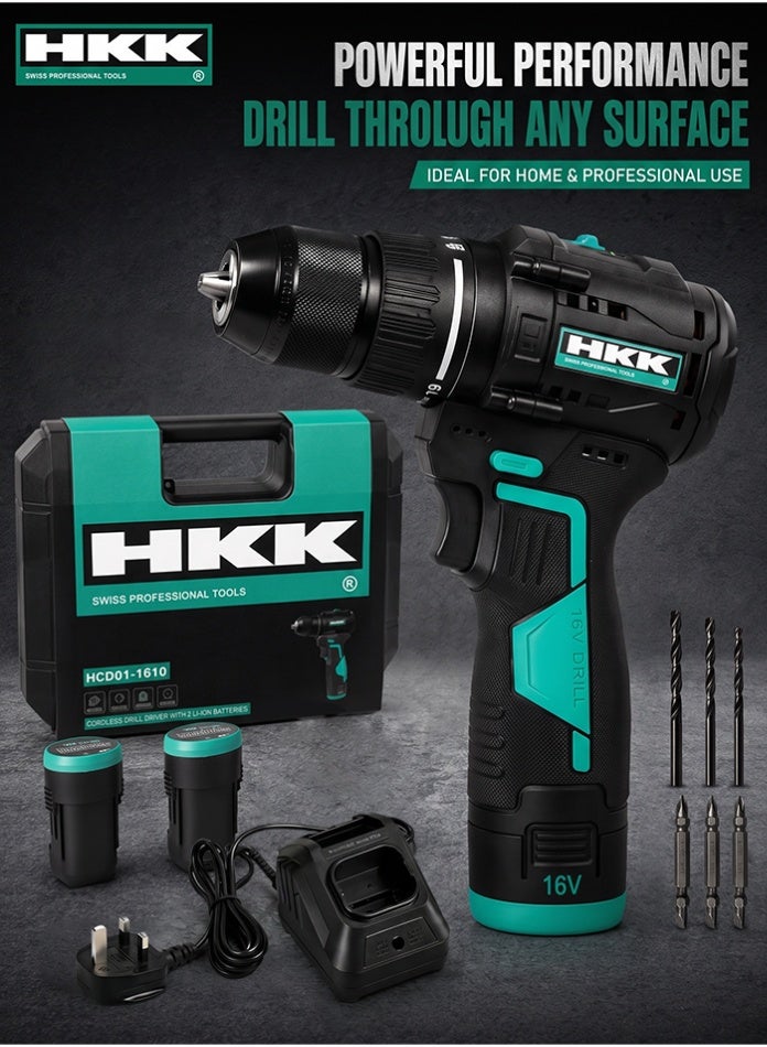 HKK 16V Brushless Cordless Drill Driver | 50Nm Torque | 2-Speed（0-400/1400rpm ）| 10mm Max drilling | 2 × 2Ah Li-ion Batteries | Power Drill for Wood, Metal & Furniture Assembly - Image 1