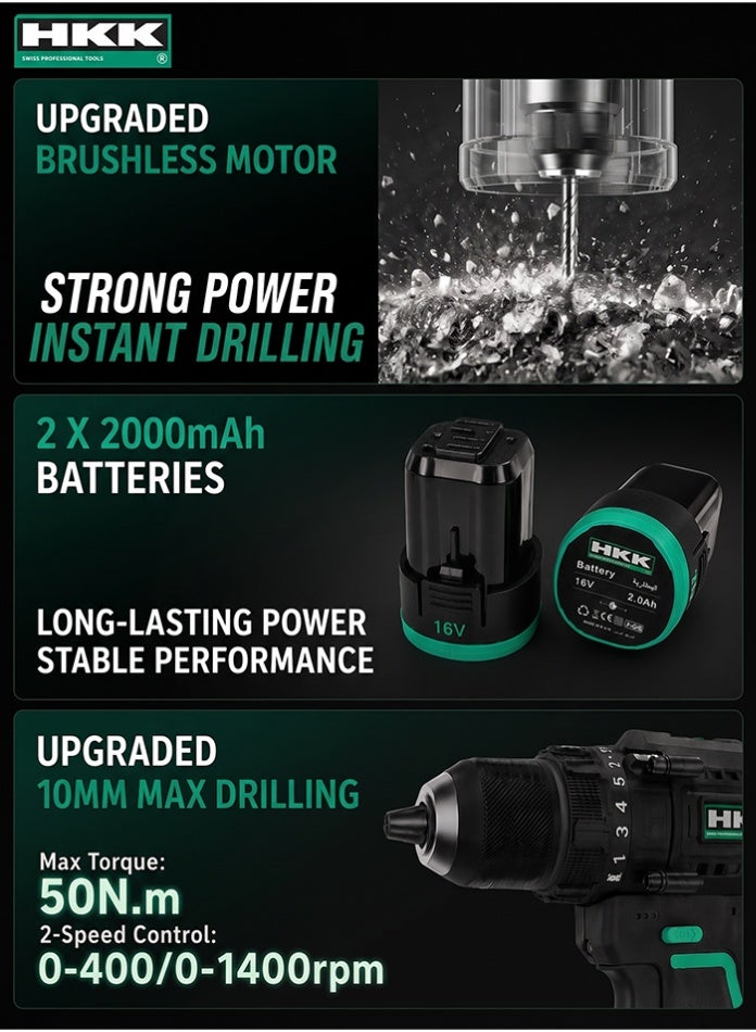 HKK 16V Brushless Cordless Drill Driver | 50Nm Torque | 2-Speed（0-400/1400rpm ）| 10mm Max drilling | 2 × 2Ah Li-ion Batteries | Power Drill for Wood, Metal & Furniture Assembly - Image 2