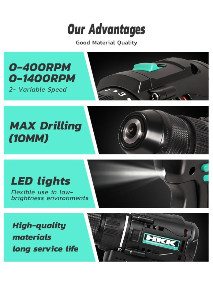 HKK 16V Brushless Cordless Drill Driver | 50Nm Torque | 2-Speed（0-400/1400rpm ）| 10mm Max drilling | 2 × 2Ah Li-ion Batteries | Power Drill for Wood, Metal & Furniture Assembly - Image 4