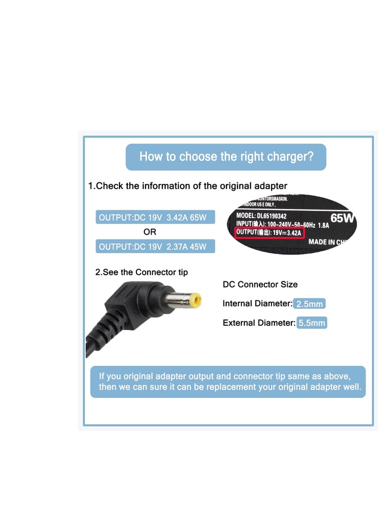 Terabyte 65W Laptop Charger for Toshiba Satellite C50 C55 C55D C55T C655 C675 C850 C855 C855D C875 P50 L50 L55 L55D L75 L300 L305 PA3917U-1ACA PA3714U-1ACA PA5035U-1ACA 19V 3.42A AC Adapter Connector 5.5x2.5mm - Image 2