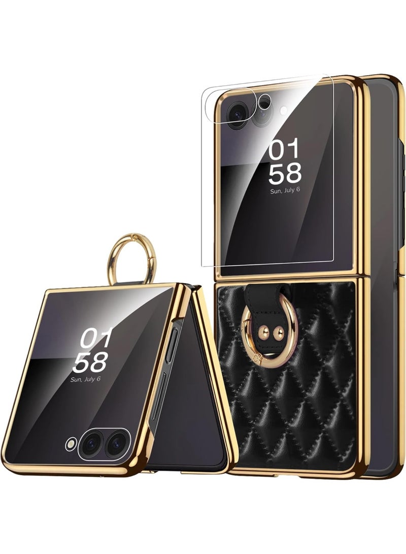 Case for Samsung Galaxy Z Flip 7 Case, Built-in Screen Protector with Ring Holder Leather Case with Golden Color Plating Shockproof Anti-Skid Full Coverage Protective Cover for Z Flip 7 - Image 1
