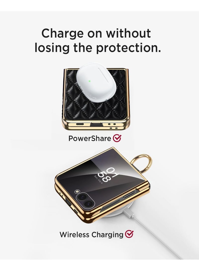 Case for Samsung Galaxy Z Flip 7 Case, Built-in Screen Protector with Ring Holder Leather Case with Golden Color Plating Shockproof Anti-Skid Full Coverage Protective Cover for Z Flip 7 - Image 3