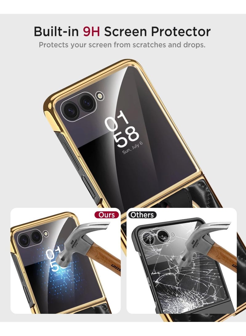 Case for Samsung Galaxy Z Flip 7 Case, Built-in Screen Protector with Ring Holder Leather Case with Golden Color Plating Shockproof Anti-Skid Full Coverage Protective Cover for Z Flip 7 - Image 4