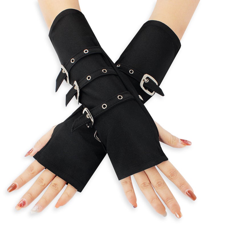 Punk Metal Buckle Fingerless Gloves for Party punk black 