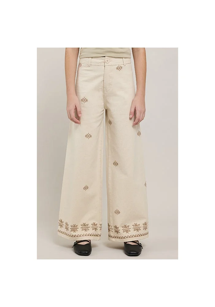 أر أند بي Embroidered Wide Leg Pants with Button Closure