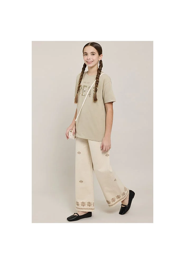 أر أند بي Embroidered Wide Leg Pants with Button Closure