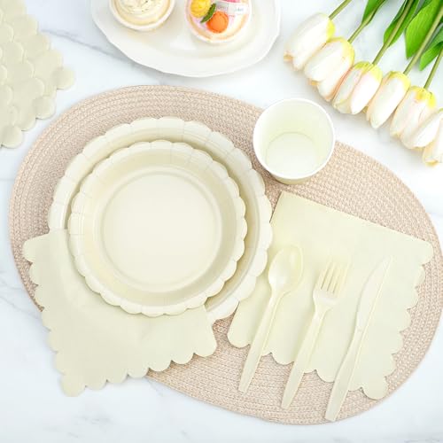 Xiangqu 175 Pcs Ivory Paper Plates and Napkins, Beige Party Supplies Include Scalloped Cream Plates Napkin Cup Plastic Cutlery for Wedding, Bridal&Baby Shower, Birthday - Image 4