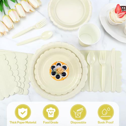 Xiangqu 175 Pcs Ivory Paper Plates and Napkins, Beige Party Supplies Include Scalloped Cream Plates Napkin Cup Plastic Cutlery for Wedding, Bridal&Baby Shower, Birthday - Image 3