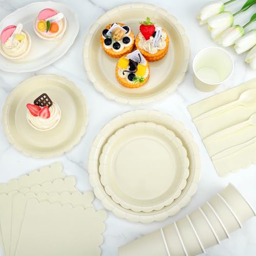 Xiangqu 175 Pcs Ivory Paper Plates and Napkins, Beige Party Supplies Include Scalloped Cream Plates Napkin Cup Plastic Cutlery for Wedding, Bridal&Baby Shower, Birthday - Image 5