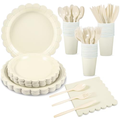 Xiangqu 175 Pcs Ivory Paper Plates and Napkins, Beige Party Supplies Include Scalloped Cream Plates Napkin Cup Plastic Cutlery for Wedding, Bridal&Baby Shower, Birthday - Image 1