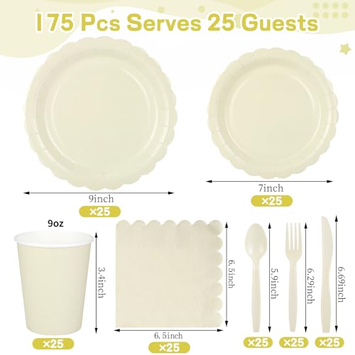 Xiangqu 175 Pcs Ivory Paper Plates and Napkins, Beige Party Supplies Include Scalloped Cream Plates Napkin Cup Plastic Cutlery for Wedding, Bridal&Baby Shower, Birthday - Image 2
