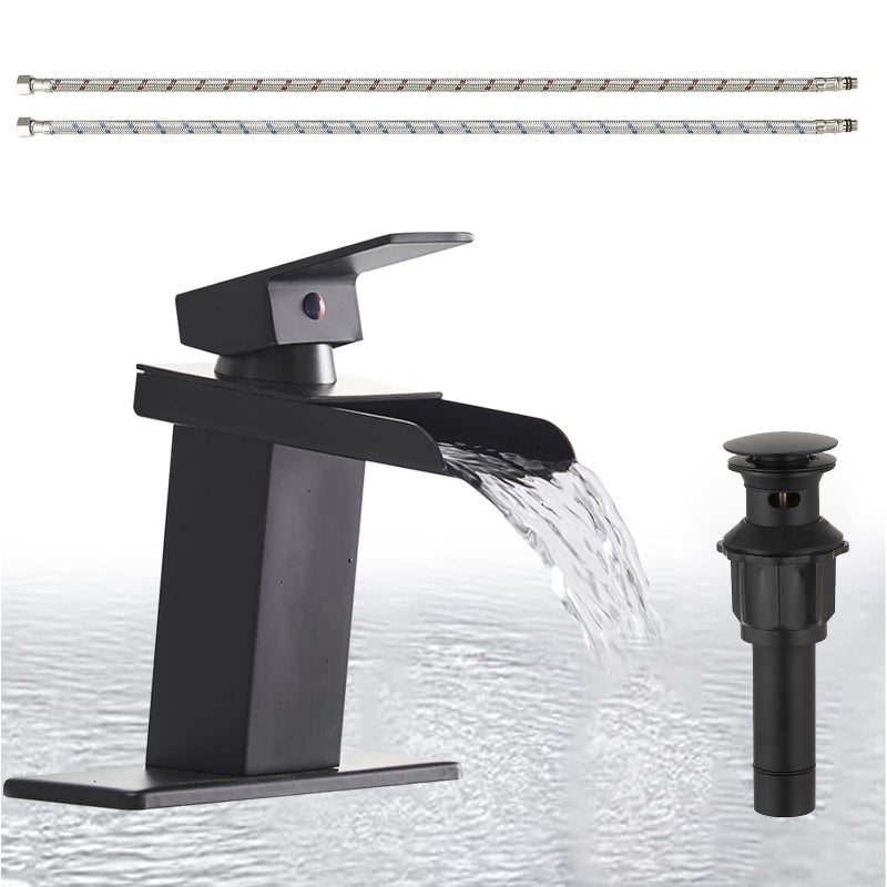 Homevacious Black Bathroom Faucet Waterfall Single Hole Bathroom Faucet with Pop Up Drain Assembly and Deck Plate Modern Single Handle Vanity Faucets Basin Lavatory RV Mixer Tap Commercial