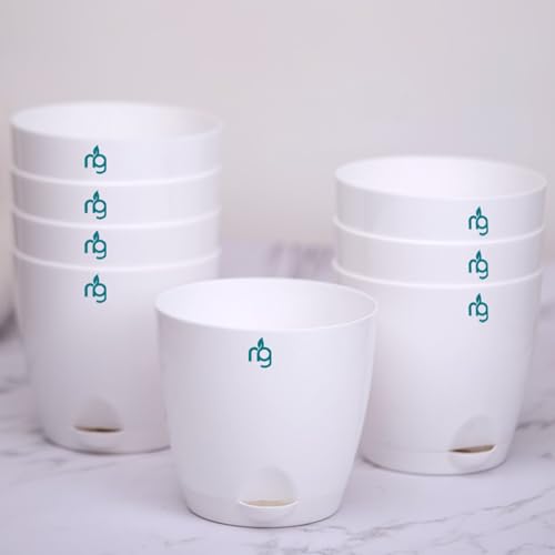 Nurturing Green® Combo of 8 Self Watering Flower Pots for Plants | Plastic Plant Pots | Planter Pots for Home, Indoor Living Room,Garden (Color: White, Size: 11.5cm x 11cm Each) - Image 1