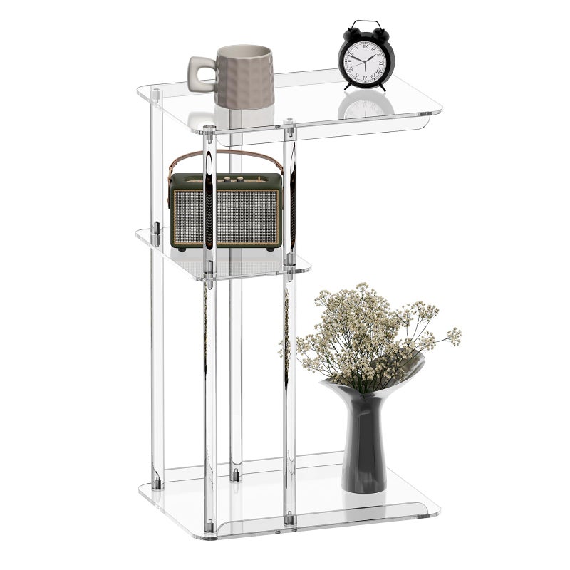 HMYHUM Clear Acrylic Side Table C Shaped End Table for Sofa Small Snack Tables for Living Room Bedroom Bathroom 3 Tiers