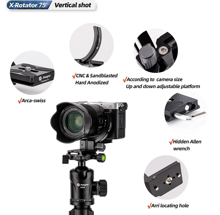 Fotopro حامل كاميرا عمودي X-Rotator 75 | دعم عدسة 64.8 مم أفقي وعمودي، تركيب حلقة العدسة، لوحة تركيب قابلة للدوران لكاميرا DSLR، تناسب لوحة لنوع Arca | الحمولة 3 كجم - Image 3