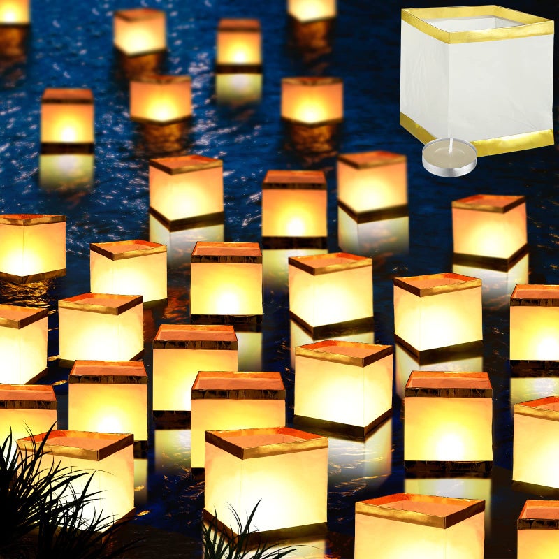 Hortsun Square Paper Lanterns with CandlesWaterproof Chinese River Lanterns for Wishing Praying Blessing Wedding Swimming Pool59 Inch50 Pack