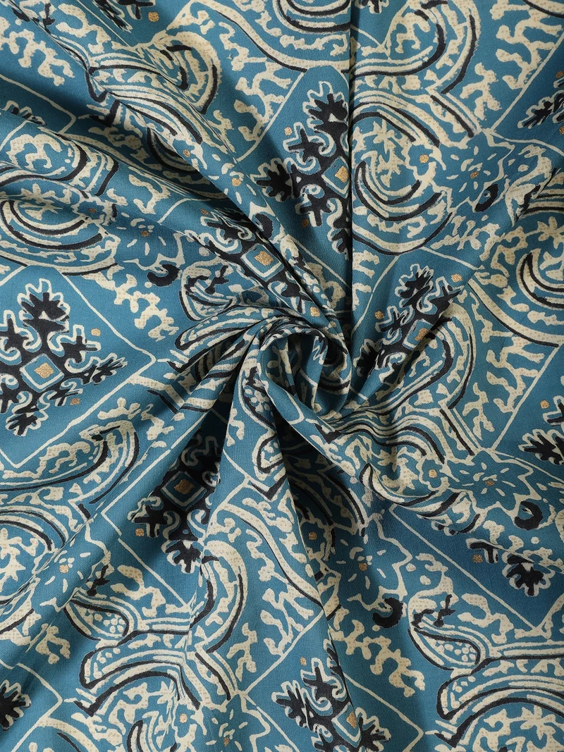 أيه كيه إس Aegean Blue Block Print Fabric One Meter