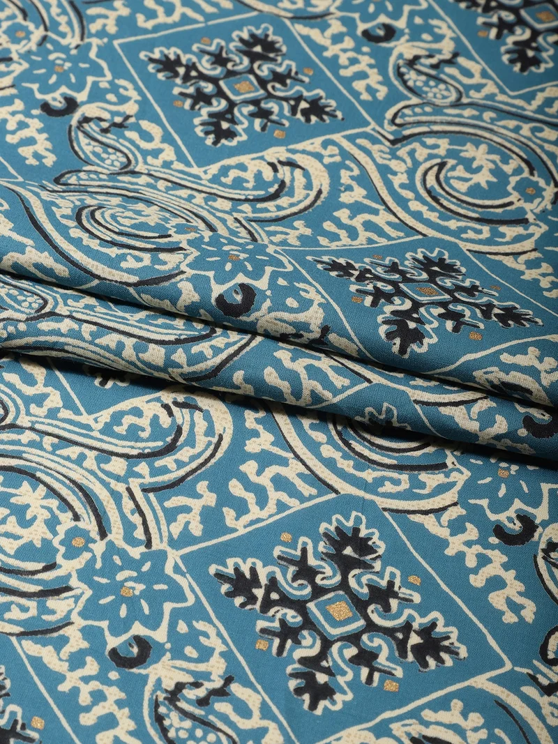 أيه كيه إس Aegean Blue Block Print Fabric One Meter