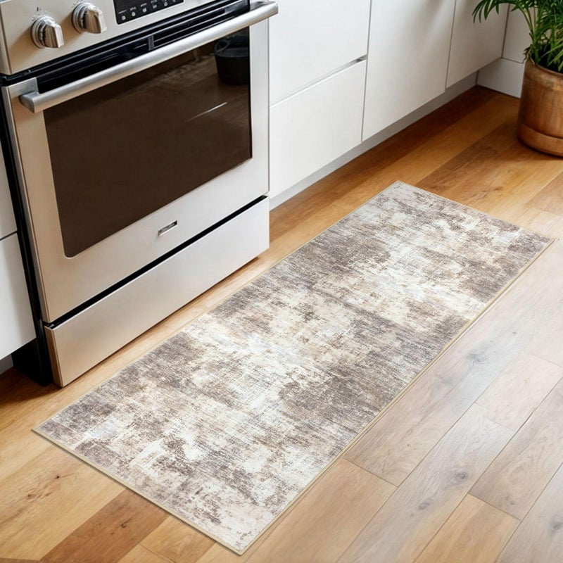 IOHOUZE Abstract Runner Rug 2x5 Ft Washable Runners for Hallways, Non Slip Kitchen Runner Printed Faux Wool Entryway Runner Indoor, Modern Abstract Floor Carpet for Hall Kitchen Bedroom, Beige Brown - Image 2