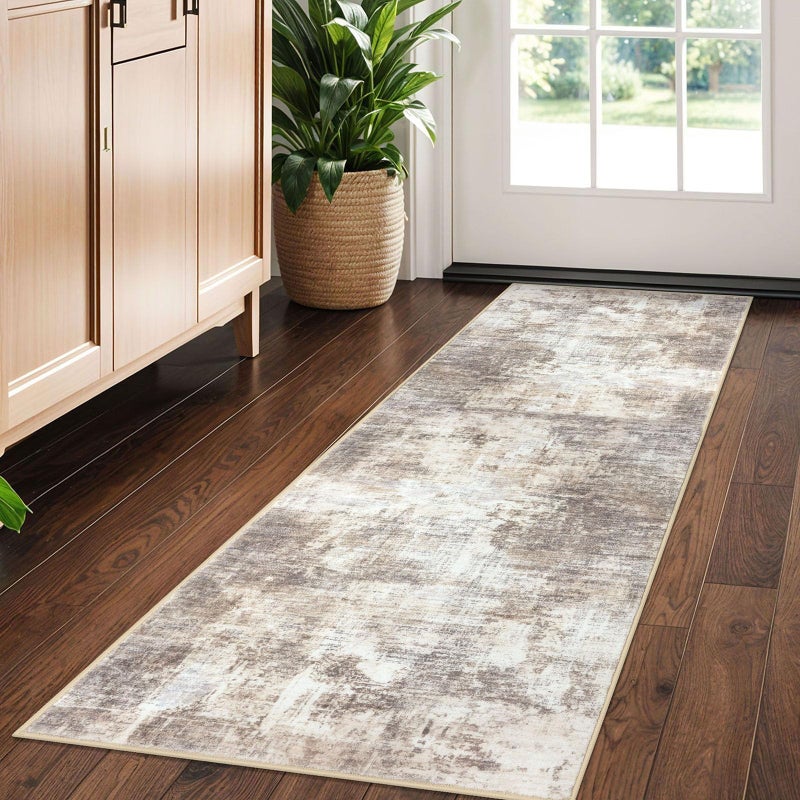 IOHOUZE Abstract Runner Rug 2x5 Ft Washable Runners for Hallways, Non Slip Kitchen Runner Printed Faux Wool Entryway Runner Indoor, Modern Abstract Floor Carpet for Hall Kitchen Bedroom, Beige Brown - Image 1
