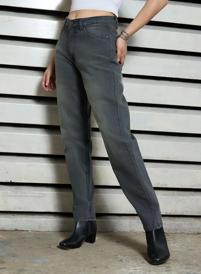 HIGH STAR Women's Light Grey Cotton Blend Bleached Full Length Slim Fit Jeans