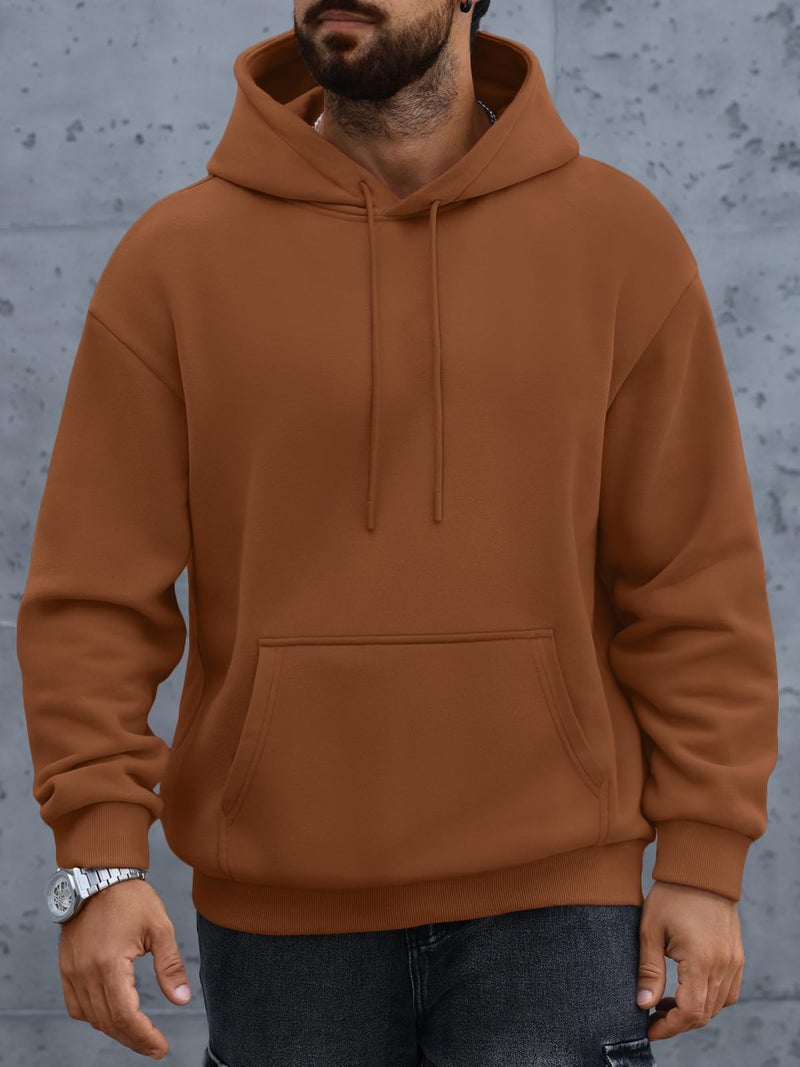 EFAN Mens Oversized Hoodies Fall Sweatshirt Winter Fleece Hooded Collar Drawstring Pullover With Pockets Brown M - Image 2
