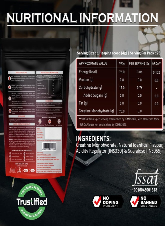 NAKPRO NUTRITION Micronised Creatine Monohydrate | 100g (25 Servings) | Pink Guva | Trustified Certified | Rapid Absorption Pre/Post Workout - Image 3