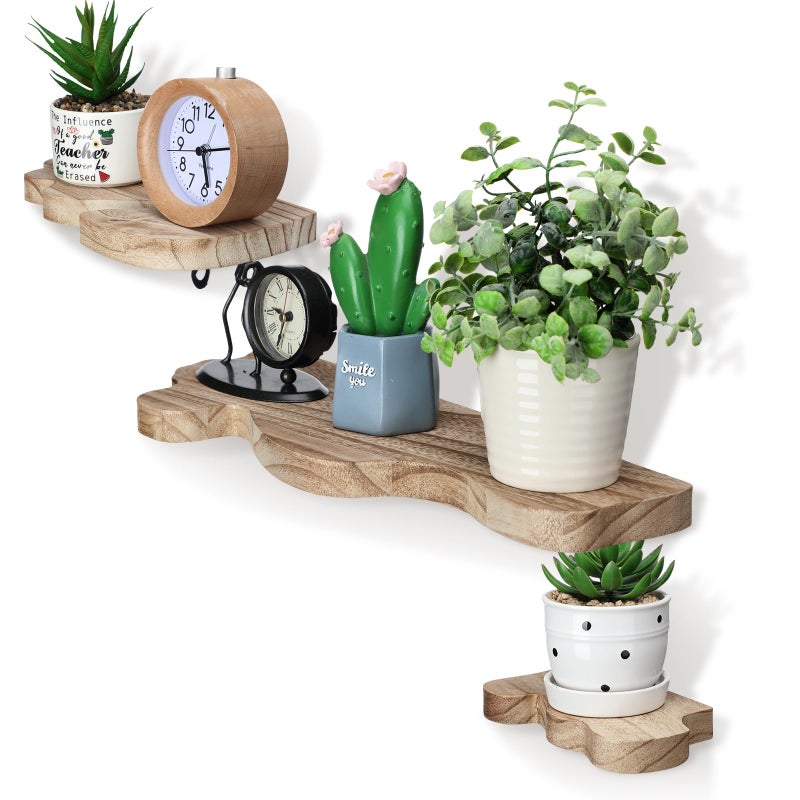 Suzile Set of 3 Small Rustic Wave Edge Floating Shelf 3 Size Live Edge Wooden Shelf with Metal Bracket Wall Mounted Display Ledge Shelves Farmhouse Vintage Wall Decor for Living Room Bedroom Walnut - Image 2