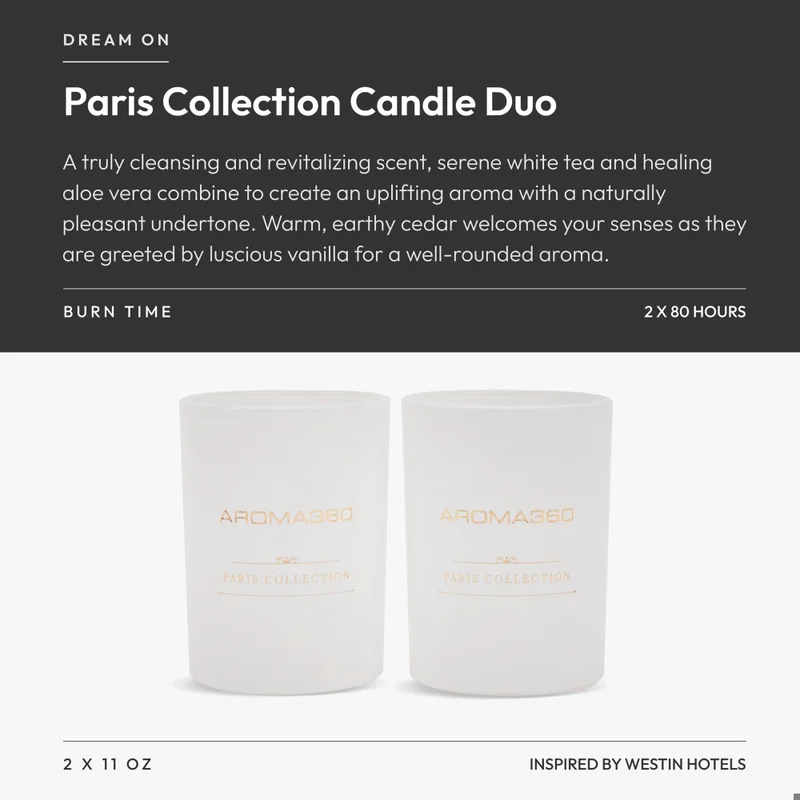 Aroma360  Dream On - Paris Collection Candle Duo - Scented Candles with Essential Oils - White Tea, Sweet Vanilla & Earthy Cedar - Soy Candles - 80hr Burn - Set of 2  | Best Price UAE