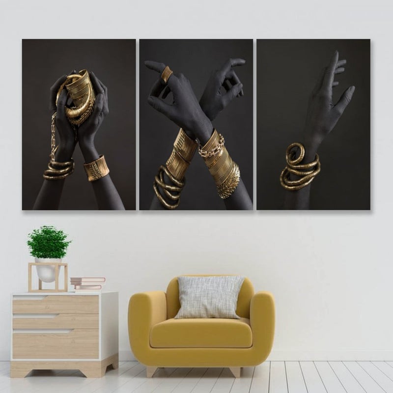 Marktna Three modern canvas paintings with a jewelry design and a hollow frame, measuring (150×70), three pieces - Image 1