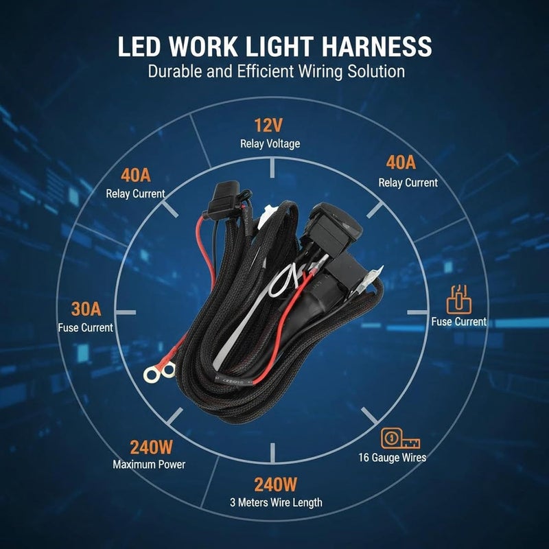 12V LED Work Light Wiring Harness with 16 Gauge Wires and Inline Fuse – High Electrical Conductivity, Durable ABS & Copper, Easy Installation for ATV SUV Pickup - Image 2