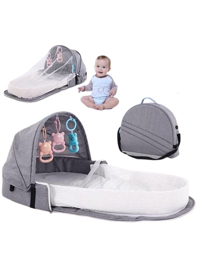 Baby Travel Bassinet Portable Folding Bassinet with Mosquito Net and Canopy Baby Travel Crib Bed for Camping Easy to Fold and Lightweight (Grey) - Image 1