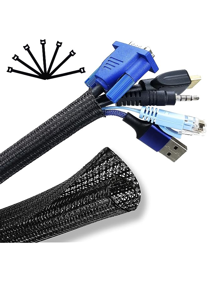 Cable Management, Cable Organizer, 10ft - 1/2 inch Wire Loom, Self-Wrap Cord Hider, Braided Cable Sleeve with 14 Reusable Cable Ties included, Cord Organizer for TV/PC/Home Theater/Automobile