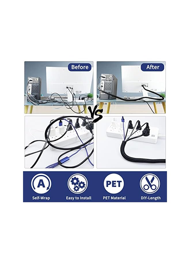Cable Management, Cable Organizer, 10ft - 1/2 inch Wire Loom, Self-Wrap Cord Hider, Braided Cable Sleeve with 14 Reusable Cable Ties included, Cord Organizer for TV/PC/Home Theater/Automobile