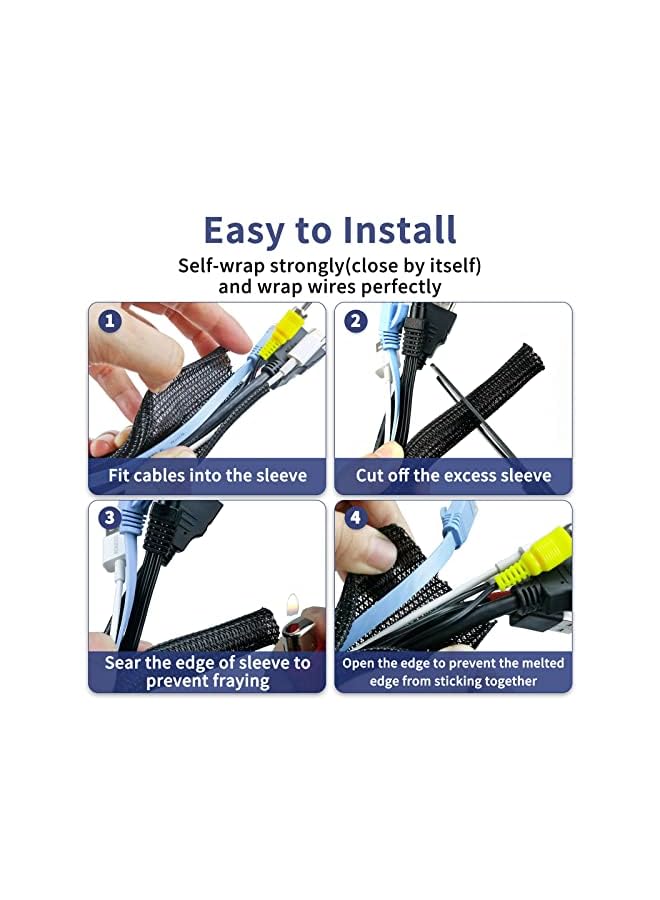 Cable Management, Cable Organizer, 10ft - 1/2 inch Wire Loom, Self-Wrap Cord Hider, Braided Cable Sleeve with 14 Reusable Cable Ties included, Cord Organizer for TV/PC/Home Theater/Automobile