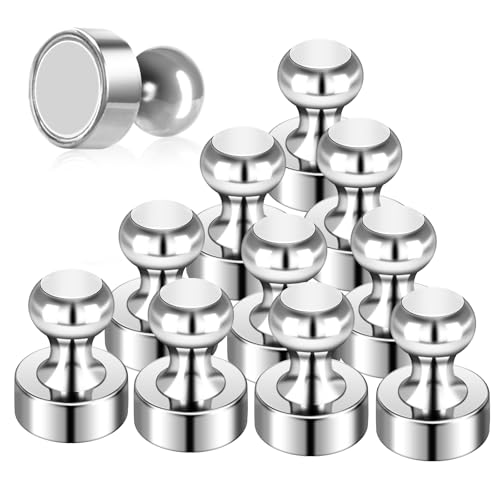12Pack Fridge Magnets for Whiteboard Strong Refrigerator Magnets for Adult Small Push Pin Magnets for White Board Refrigerator Map Classroom Office Teacher Silver