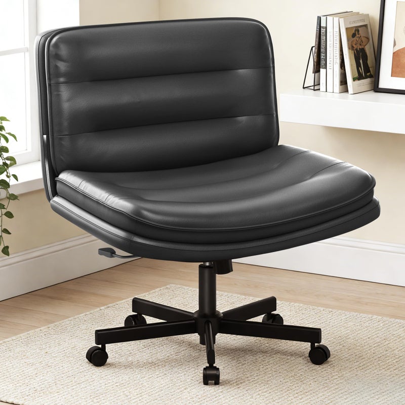 COMHOMA Cross Legged Office Chair with Wheels Armless Office Desk Chair, Modern Vanity Computer Task Chairs for Home Bedroom, Comfortable Wide Seat for Lower Back Pain Relief, PU Leahter, Black - Image 1