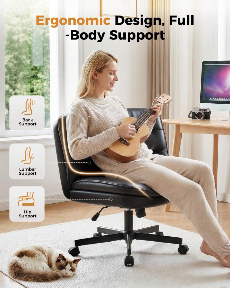 COMHOMA Cross Legged Office Chair with Wheels Armless Office Desk Chair, Modern Vanity Computer Task Chairs for Home Bedroom, Comfortable Wide Seat for Lower Back Pain Relief, PU Leahter, Black - Image 4