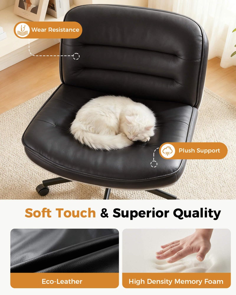 COMHOMA Cross Legged Office Chair with Wheels Armless Office Desk Chair, Modern Vanity Computer Task Chairs for Home Bedroom, Comfortable Wide Seat for Lower Back Pain Relief, PU Leahter, Black - Image 5