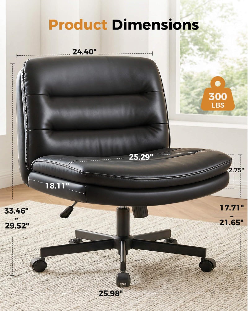 COMHOMA Cross Legged Office Chair with Wheels Armless Office Desk Chair, Modern Vanity Computer Task Chairs for Home Bedroom, Comfortable Wide Seat for Lower Back Pain Relief, PU Leahter, Black - Image 2