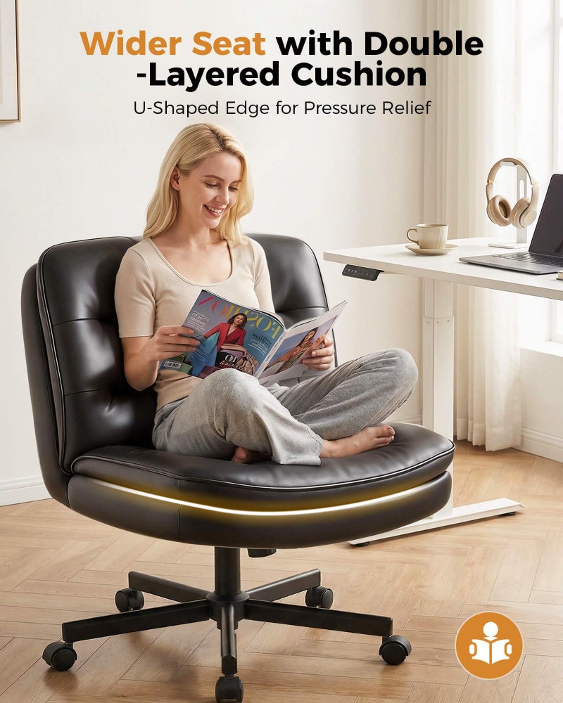COMHOMA Cross Legged Office Chair with Wheels Armless Office Desk Chair, Modern Vanity Computer Task Chairs for Home Bedroom, Comfortable Wide Seat for Lower Back Pain Relief, PU Leahter, Black - Image 3