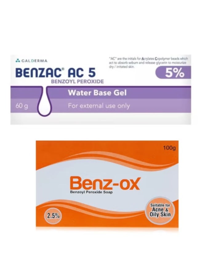 GALDERMA The Benzac AC 5% Gel (60g) and Benz-Ox Soap (100g) Combination Pack is a powerful acne-care duo designed to effectively target pimples, blackheads, and excess oil. This dermatologist-recommended combination works synergistically to cleanse, treat, and prevent acne breakouts, giving you clearer and healthier-looking skin. - Image 1