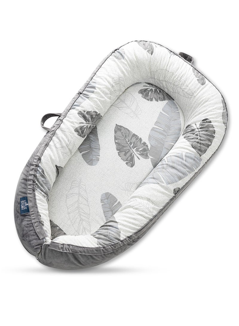 Little Story Soft Breathable Fiberfill Newborn Lounger Bed With Baby Nursing And Feeding Pillow - Leaves - Image 2