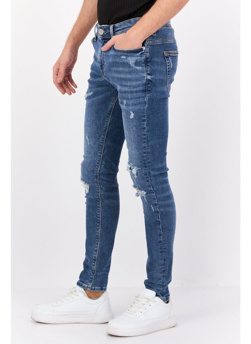 RIVER ISLAND Men Skinny Fit Stretchable Ripped Denim Jeans, Blue  - Image 2