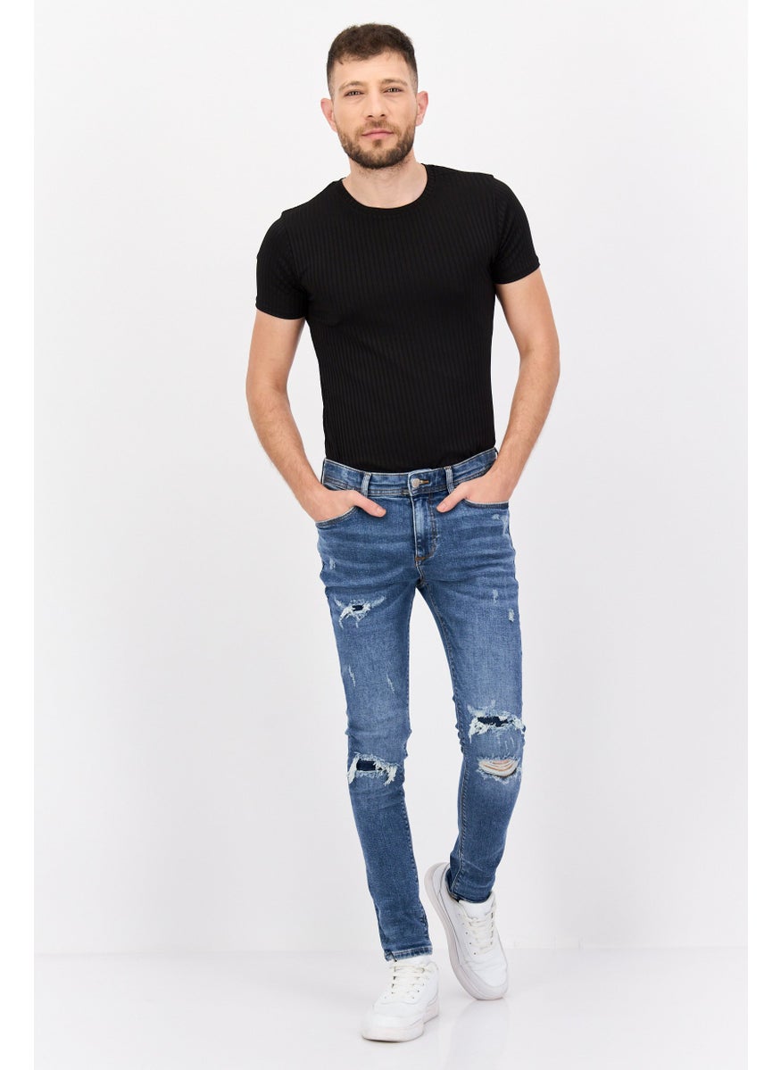 RIVER ISLAND Men Skinny Fit Stretchable Ripped Denim Jeans, Blue  - Image 4