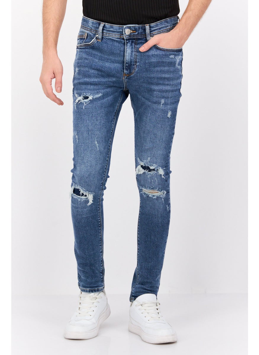 RIVER ISLAND Men Skinny Fit Stretchable Ripped Denim Jeans, Blue  - Image 1