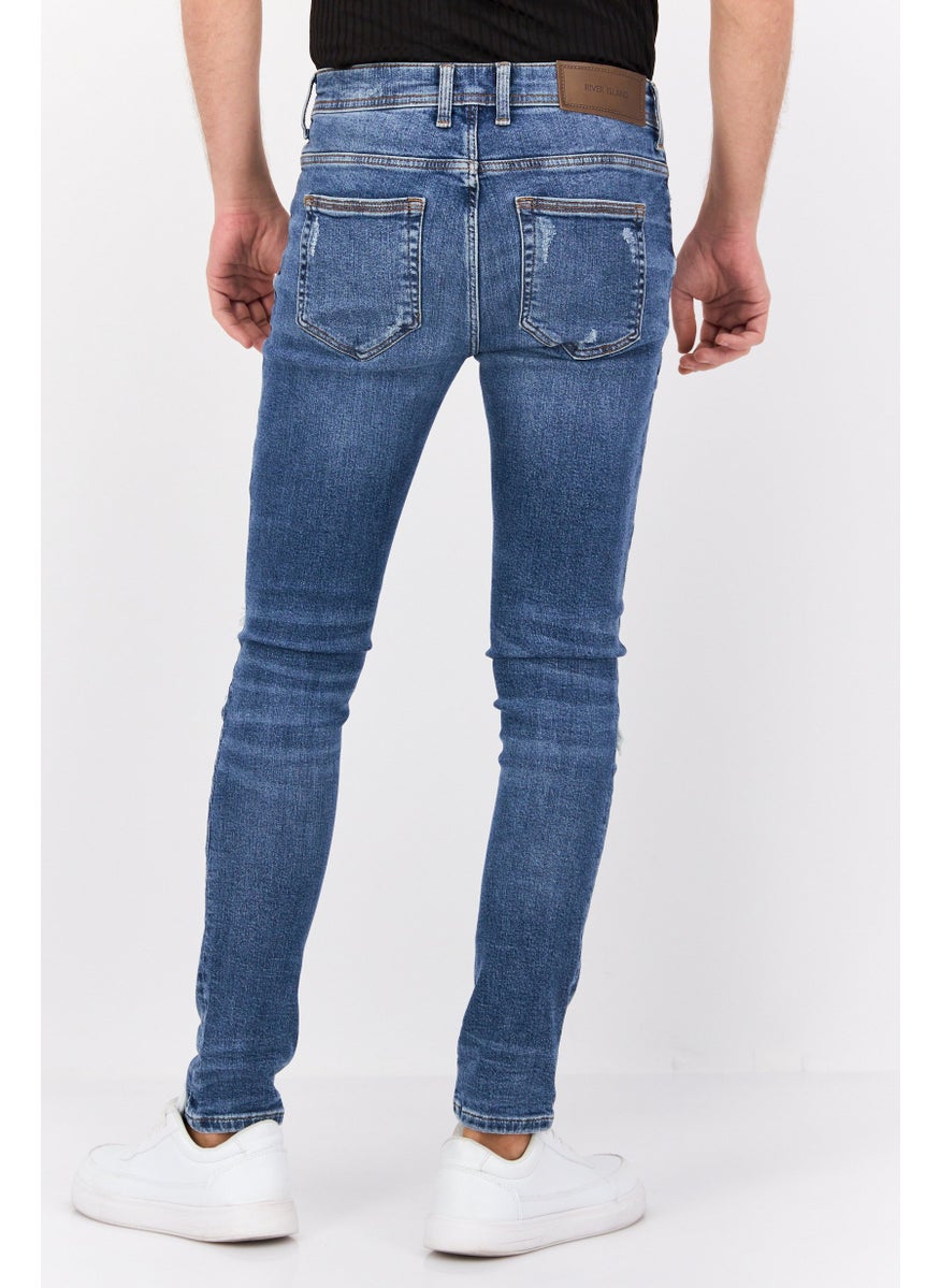 RIVER ISLAND Men Skinny Fit Stretchable Ripped Denim Jeans, Blue  - Image 3