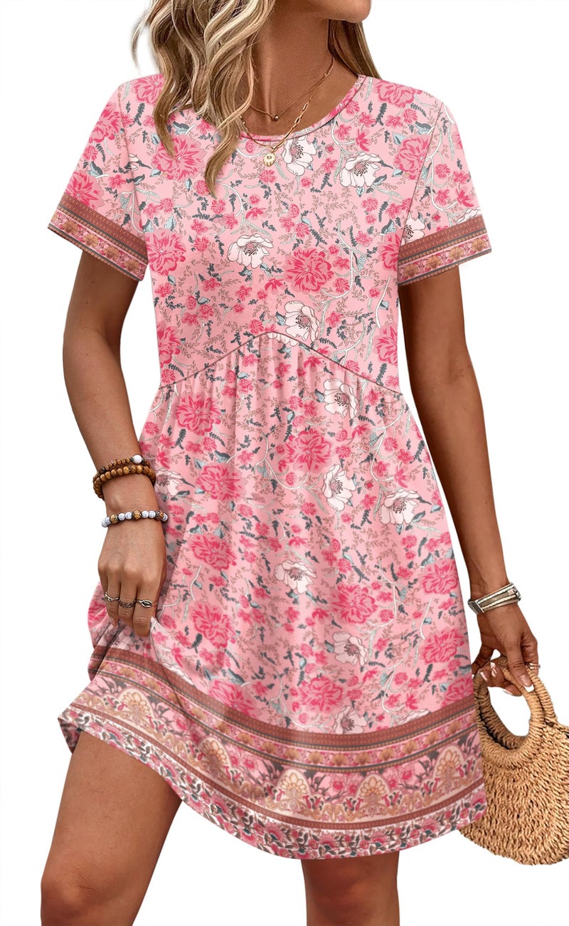 OFEEFAN Summer Dress Valentine Dress Boho Dresses for Women 2026 Short Sleeve Wedding Guest Dresses Western Outfit Boho Pink XL - Image 1