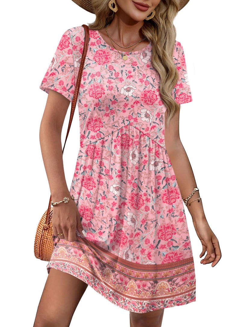 OFEEFAN Summer Dress Valentine Dress Boho Dresses for Women 2026 Short Sleeve Wedding Guest Dresses Western Outfit Boho Pink XL - Image 5